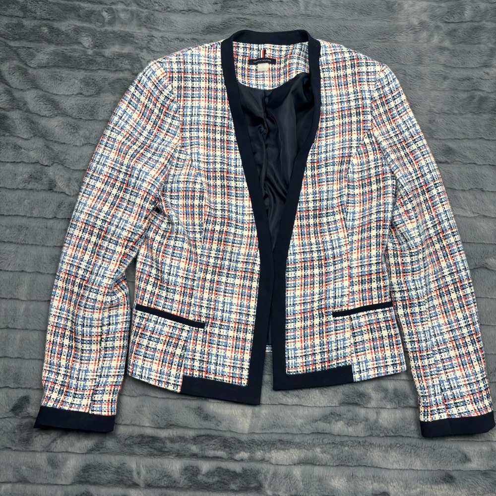 Tommy Hilfiger Womens Multi Color Tweed Open Front Blazer Navy Trim Size 12